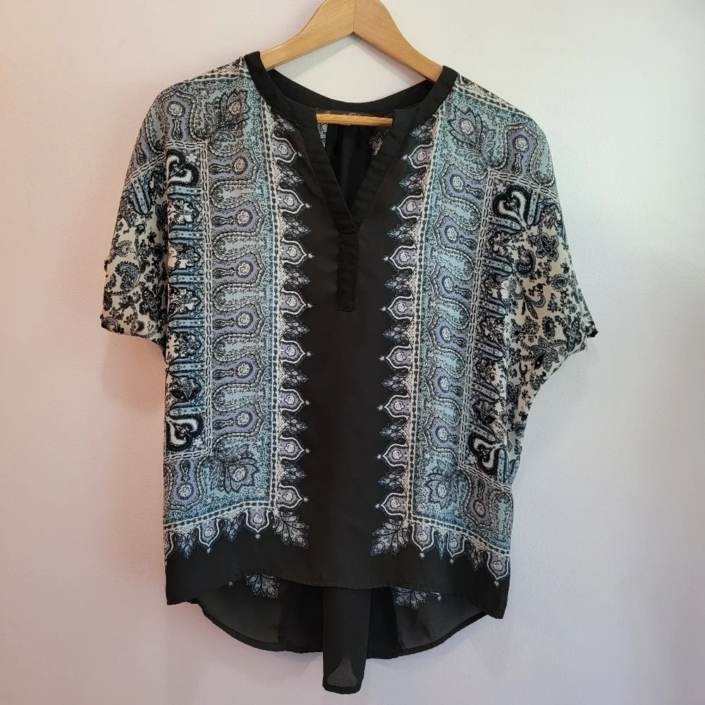 Rose an Olive Blue and Black Print Boho Blouse Size S - Picture 1 of 3
